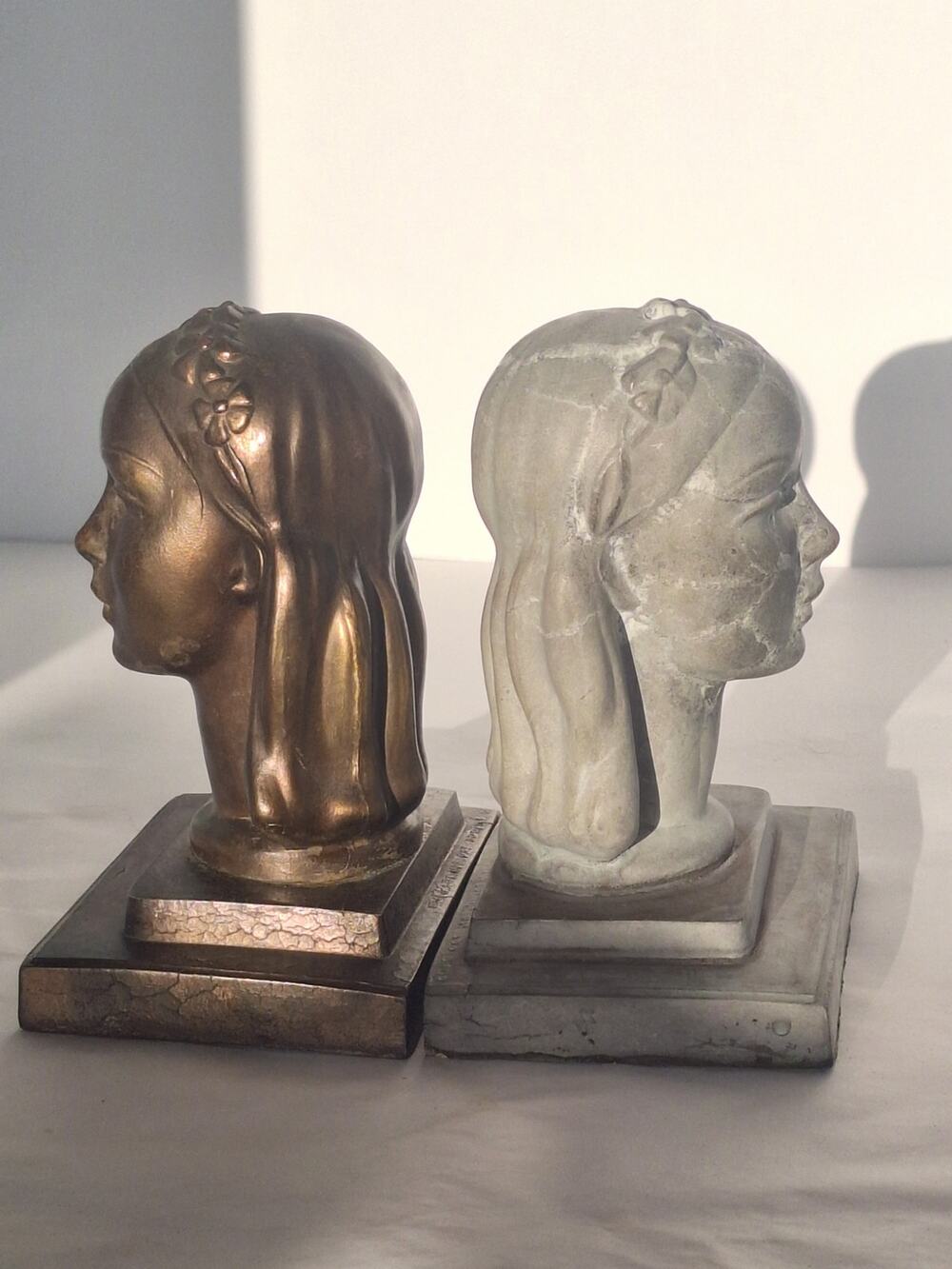 Frankart Art Deco Lady Bust Bookends Bronze & Gray Marbled Finish Pair